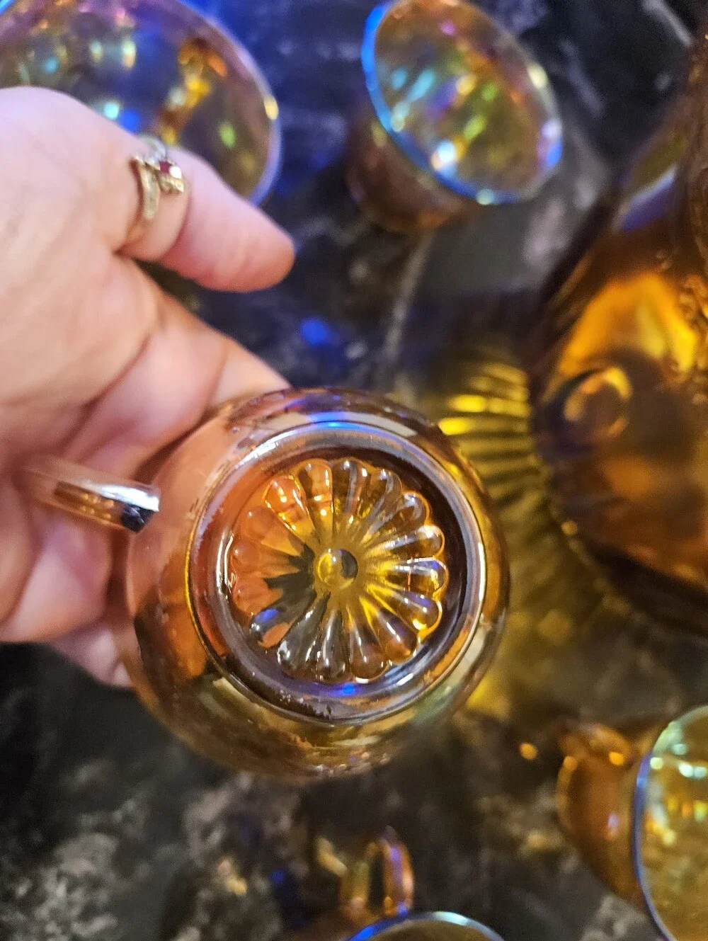 Vintage Indiana Glass Harvest Grape Punch Bowl Set -Iridescent Marigold Carnival
